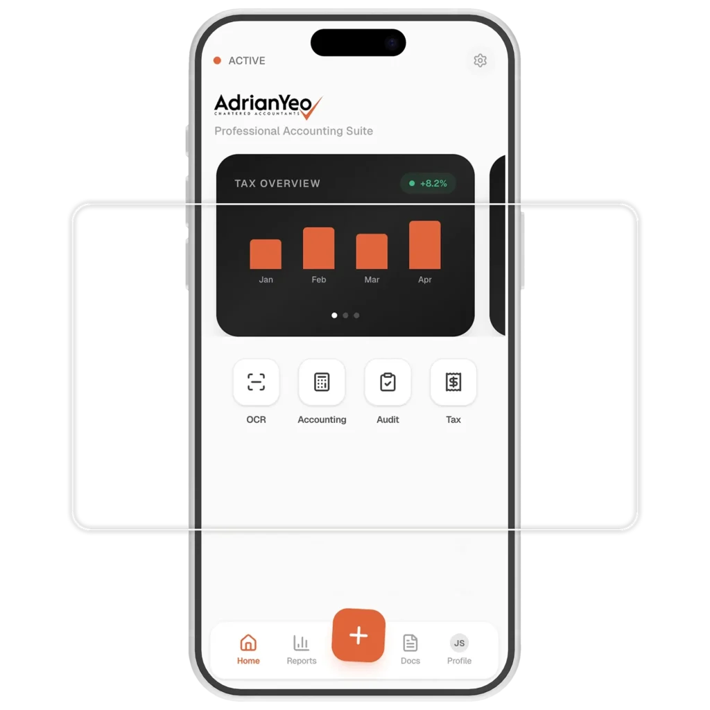 AdrianYeo mobile app for tax, audit and accounting shown on a smartphone